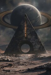 A stunning sci-fi digital artwork depicting an ancient monolithic pyramid on an alien planet. The massive triangular structure, weathered by time, stands against a cosmic backdrop featuring a ringed p