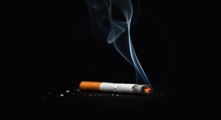 A burning cigarette in the center with glowing embers and swirling smoke. The deep black, blurred background creates contrast. Ample copy space for text, ideal for awareness and anti-smoking campaigns