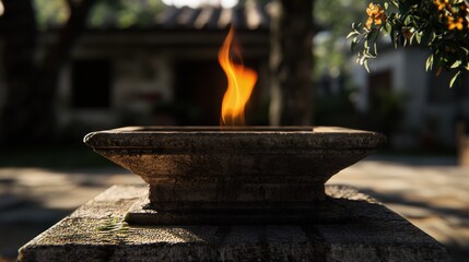 A serene outdoor scene featuring a flame in a decorative bowl surrounded by lush greenery