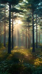 Obraz premium A breathtaking digital artwork of a sunlit forest with tall pine trees bathed in golden sunlight. The warm sun rays filter through the lush green foliage, creating a magical and peaceful atmosphere. T
