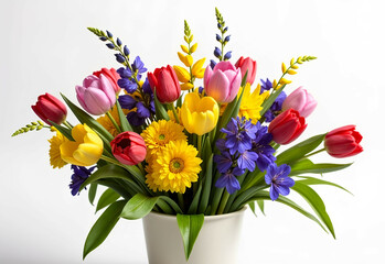 Obraz premium Vibrant Spring Bouquet Tulips Stock Other Flowers White Vase Vibrant Bouquet Colorful Flowers