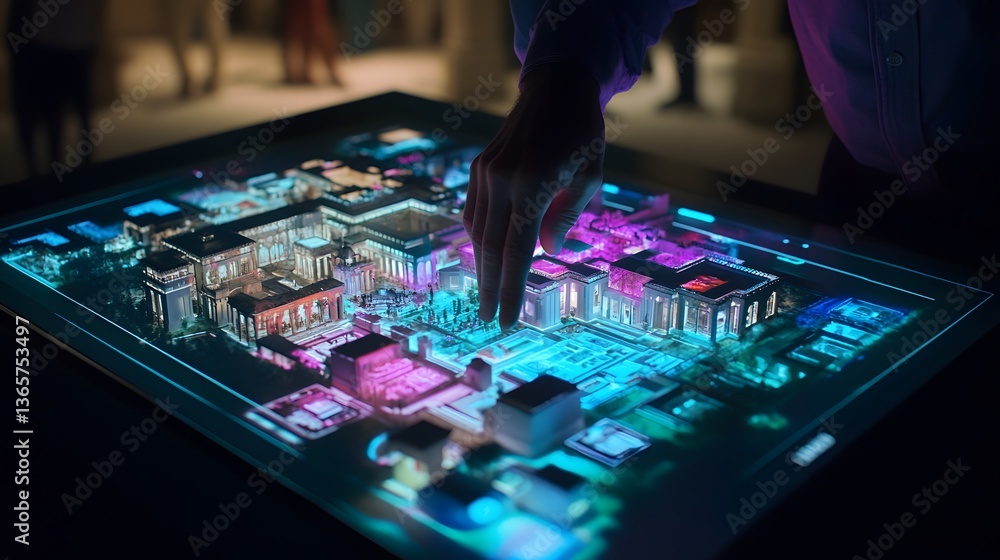 Aufkleber a hand interacts with a futuristic interactive table displaying a vibrant, illuminated 3d model of a