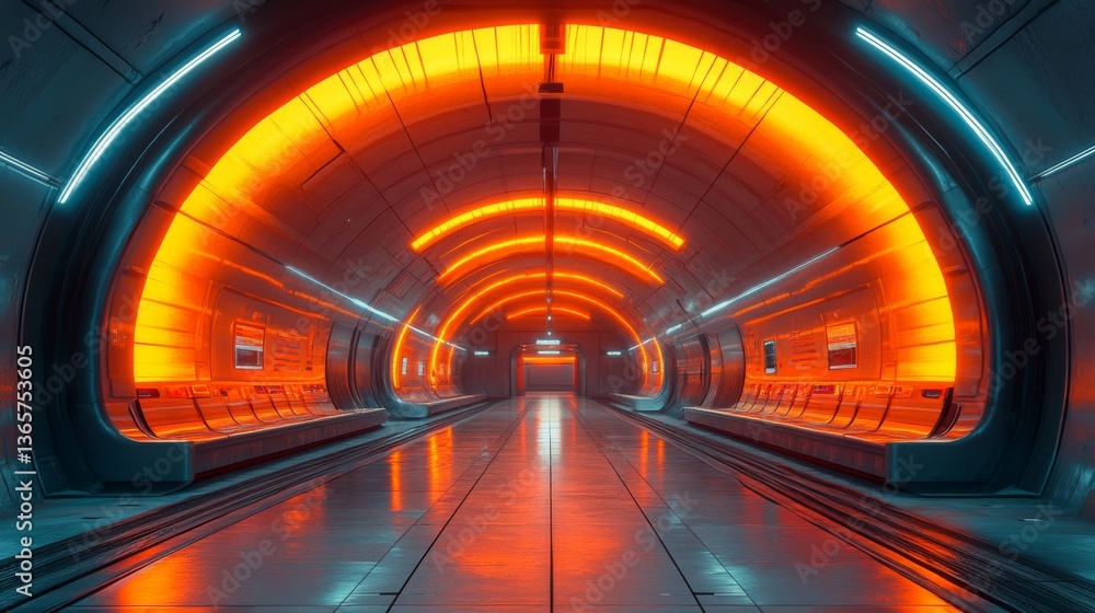 Poster a vibrant urban subway station showcases innovative design with its glowing orange arches and sleek 