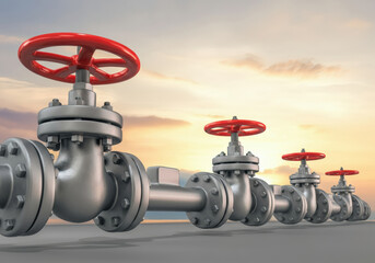 Industrial valves with red handles against a sunset backdrop