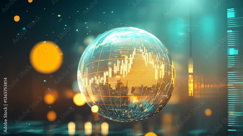 Poster floating sphere made entirely of golden cry reflects markets and data in a futuristic setting
