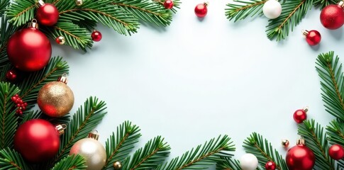 Festive red, green & white ornaments and pine branches form a Christmas border , winter, background