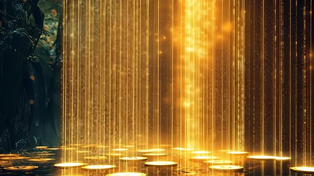 Digital waterfall displays cascading light streams in serene forest setting during twilight