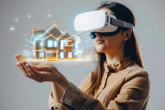 Woman wearing VR headset interacts with digital house, showcasing virtual real estate and future technology, concept: virtual reality, real estate, , future, innovation - Powered by Adobe