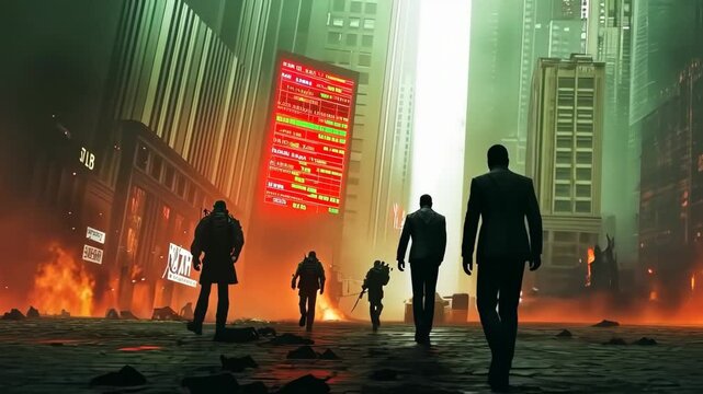 Ruined Wall Street filled with smoke as traders walk away in despair and uncertainty on a chaotic day