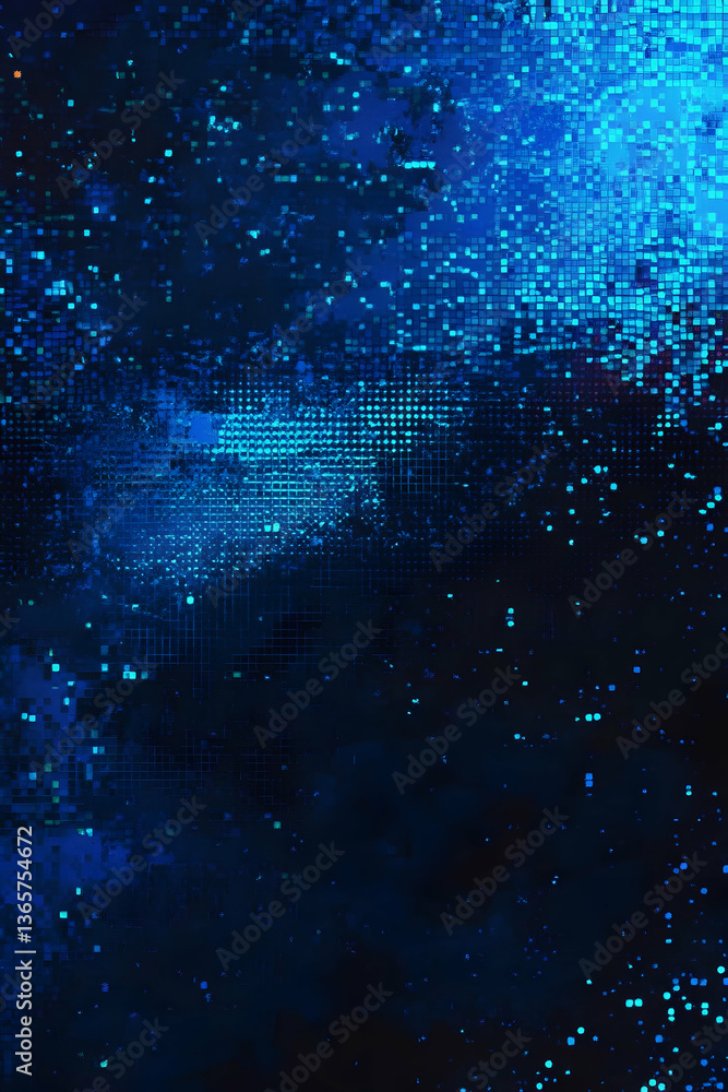 Poster a dark background with blue pixel patterns -