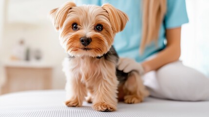 A close-up of a Yorkshire Terrier dog sitting on a white mattress during a gentle grooming session. The small dog gazes forward with a calm and friendly expression while a groomer 