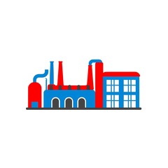 Industrial complex showcasing red and blue buildings with smokestacks and windows