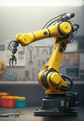 Yellow robotic arm in a workshop setting, showcasing advanced technology