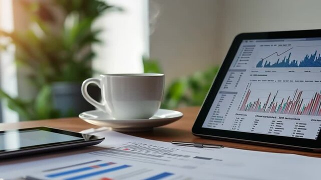 Modern office desk setup featuring financial documents and a hot beverage with a view of the outdoors