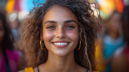 Fototapeta premium Smiling woman at a vibrant outdoor festival