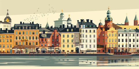 Retro Tin Sign Travel Artwork of Helsinki, Finland, Featuring Market Square and Traditional Architecture, Vintage Vector Illustration..