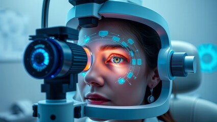Futuristic Eye Examination. High-tech medical device performing advanced eye scan with digital interface and glowing circular diagnostics around a human eye.