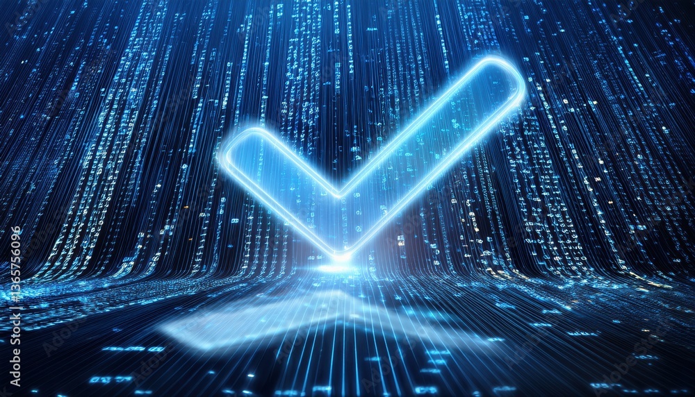 Poster neon tick mark hovering weightlessly in a digital world of cascading binary numbers and data flow