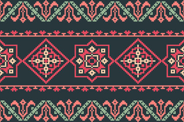 Repeating geometric pattern design with floral.Pixel art embroidery pattern.Cross Stitch pixel art.For use as neckline embroidery, neckline design, print, textile,Saree, Patola, Sari,dupatta.