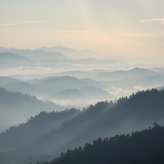 Misty Mountain Landscape, Serene view of layered mountains shrouded in mist.