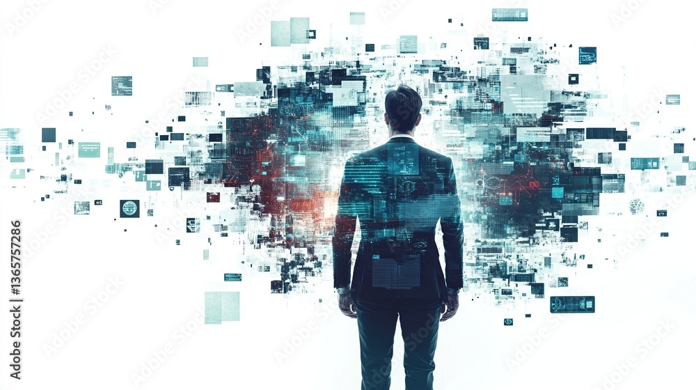 Aufkleber man facing digital data explosion.