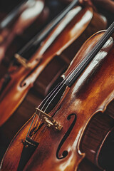 A grand orchestra performing on a classic stage with violins and cellos  -  
