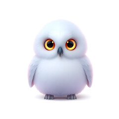 Obraz premium Snowy Owl – 3D baby snowy owl, round fluffy body, tiny beak, big glowing eyes, pastel white and lilac tones, white background. Generative AI