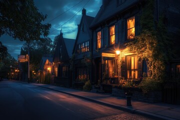 Fototapeta premium Mainstreet at Night: A Charming Cityscape of Old Houses and Architecture