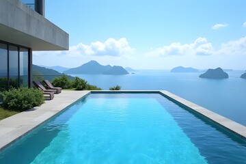 Fototapeta premium Tranquil infinity pool overlooking a breathtaking seascape of islands under a bright, clear sky.