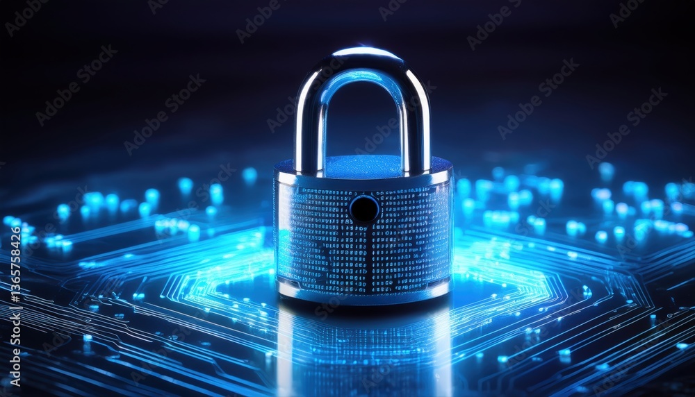Poster sleek neon-lit digital padlock on a circuit reflecting dynamic encrypted code patterns signifying se
