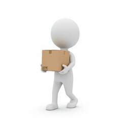 Simplistic 3d character carrying cardboard box on white background