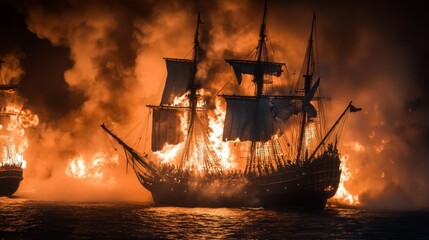 A dramatic scene of a burning ship at sea captivates the viewer. Flames and smoke create a powerful atmosphere. Historical themes and adventure come to mind. Generative AI
