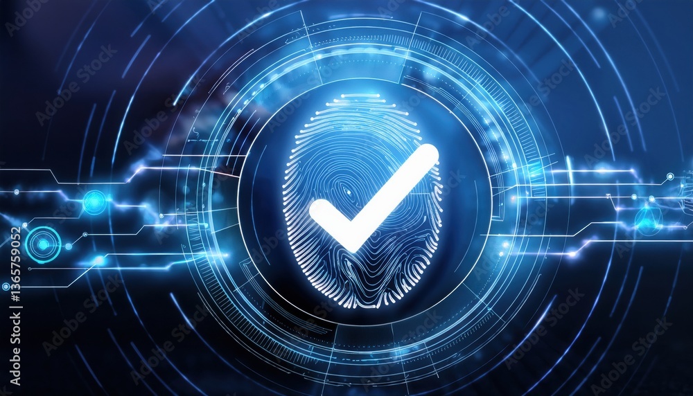 Poster vibrant fingerprint with a tick symbol in the middle on a high-tech touchscreen interface design