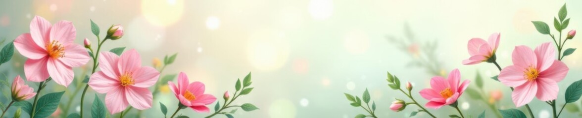 Fototapeta premium Soft pastel hues of spring background with delicate floral patterns and fresh greenery, petals, garden