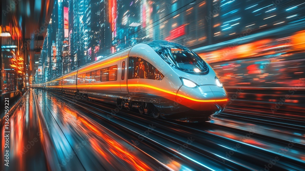 Poster A sleek high speed train moves swiftly through a busy urban subway station illuminated by colorful neon lights, creating a dynamic atmosphere for commuters during nighttime.