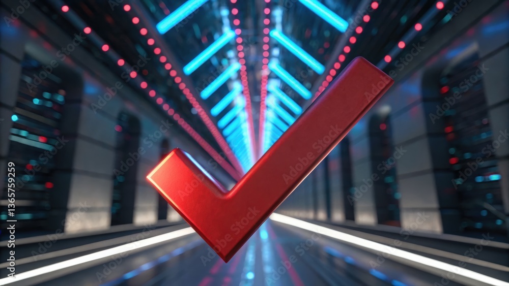 Poster bold three-dimensional checkmark suspended in a tunnel representing confirmation and approval concep