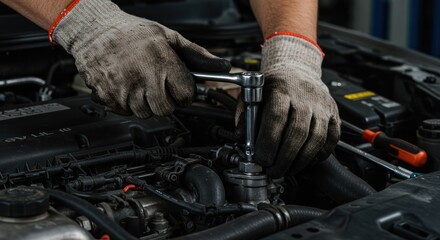 Mechanic using wrench on car engine for repair and maintenance work.