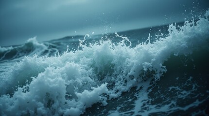 Obraz premium Close-up of fierce storm waves with foamy crests and splashing water droplets, dark and moody tones emphasizing strength and chaos of the ocean during severe weather