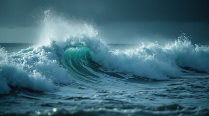 Close-up of fierce storm waves with foamy crests and splashing water droplets, dark and moody tones emphasizing strength and chaos of the ocean during severe weather