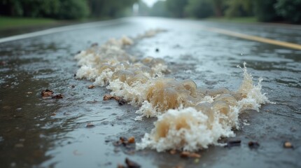 Close-up of floodwaters rushing over pavement, with strong currents and debris swirling, emphasizing the destructive force and impact of flooding on city streets