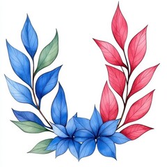 Obraz premium Elegant Watercolor Floral Wreath with Blue Green and Red Leaves on White Background