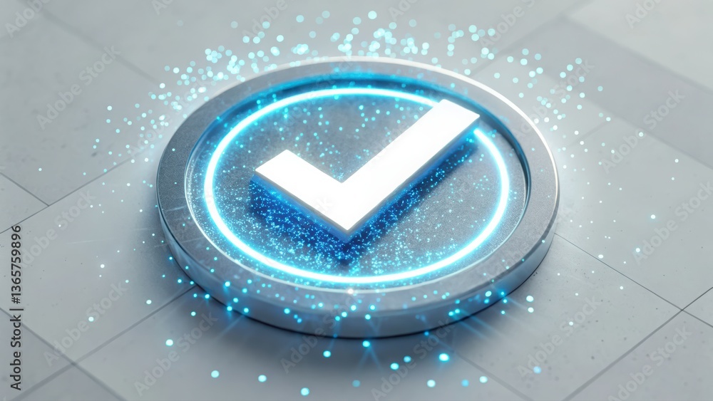 Poster futuristic checkmark glowing brightly encircled representing digital validation and security assuran
