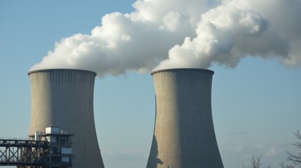Fototapeta premium Close-up of large industrial chimneys from a power plant, releasing dense smoke into the atmosphere, with metal frameworks and industrial pipes visible in the background