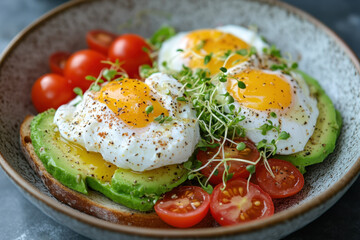Avocado toast with poached egg, cherry tomatoes, and microgreens on a white plate.