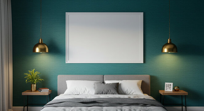 A serene bedroom sanctuary, bathed in soft, golden light, featuring a teal accent wall and a large blank canvas above a neatly made bed.