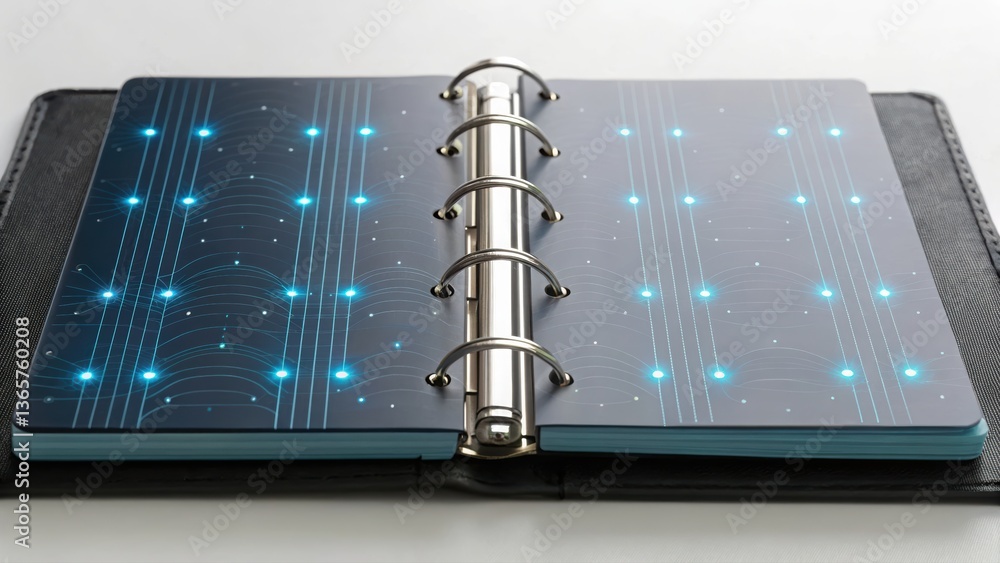 Poster futuristic ledger and pen representing self-executing smart contracts in a digital workspace setting
