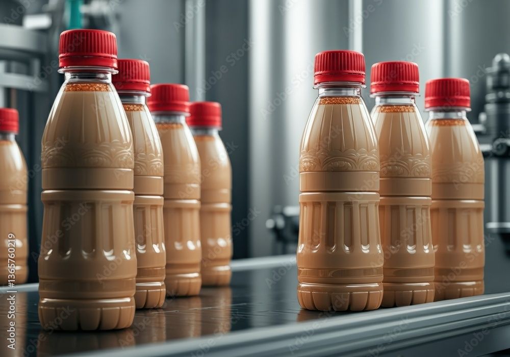 Poster bottles of beverage on a production line in a factory setting