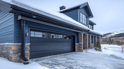 Snow-covered modern home with attached garage, stone accents, and mountain views.