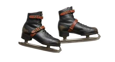 Classic Black Ice Skates with Leather Straps and Metal Blades for Winter Sports and Outdoor Activities in a Studio Setting
