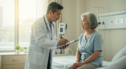Obraz premium Doctor consulting with elderly patient in a bright hospital room, showcasing care and health assessment